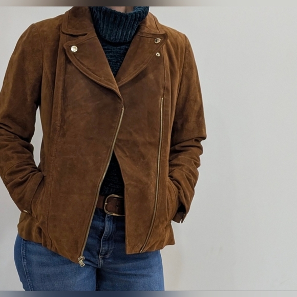 Isaac Mizrahi Jackets & Blazers - Gorgeous Isaac Mizrahi Leather Suede Motorcycle Moto Jacket Brown Gold Trim 12